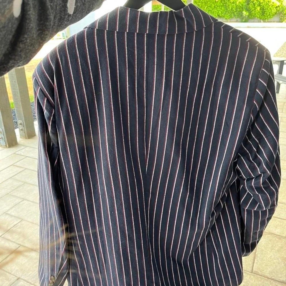 Men's Navy Blue Pinstripe Single Button Casual Blazer
